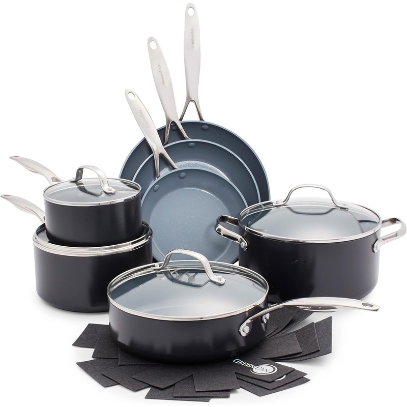 GreenPan Valencia Pro Hard Anodized 11 Piece Cookware Pots and Pans Set, Ceramic Nonstick PFAS-Free PFOA-Free Coating, Induction, Durable Frying Pans, Saucepans, Lids, Dishwasher & Oven Safe, Gray | Bigbigmart.com