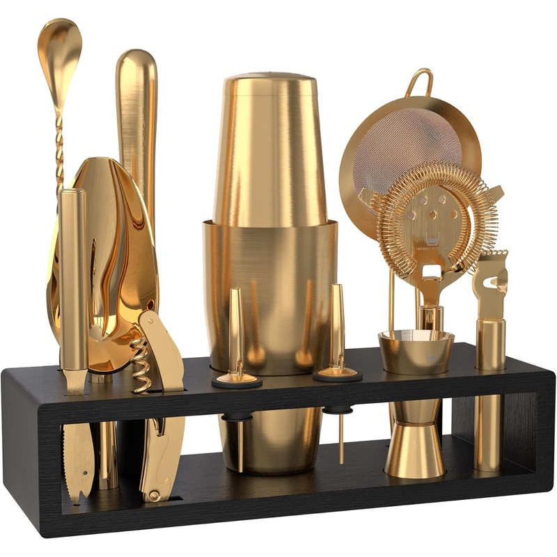 Highball & Chaser Bartender Kit with Black Bamboo Stand Beautiful Cocktail Shaker Set and Bar Tools Stainless Steel Boston Shaker Bartender Kit with Stand (Antique Gold) | Bigbigmart.com