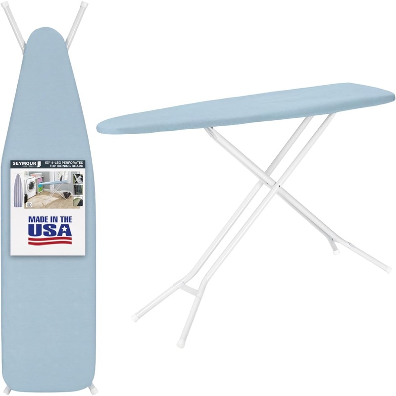Ironing Board Full Size Made in The USA by Seymour Home Products (Light Blue) | Includes Cover and Pad | Ironing Board with 4 Steel Legs for Extra Support | Features Perforated Top for Steam Flow | Bigbigmart.com