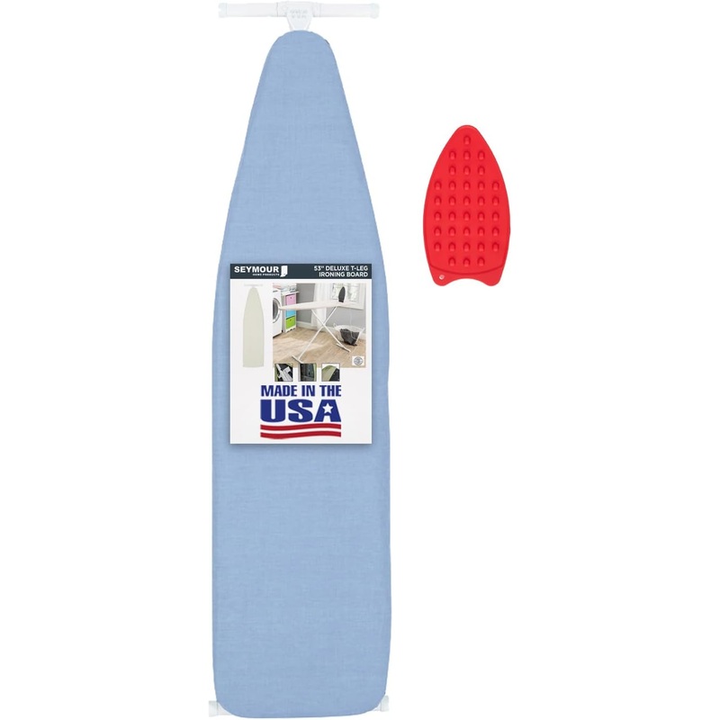 Ironing Board Full Size; Made in USA by Seymour Home Products (Light Blue) Bundle Includes Cover, Pad, and Silicone Iron Rest | Iron Board w/Steel T-Legs Adjustable from Tabletop up to 35 High | Bigbigmart.com