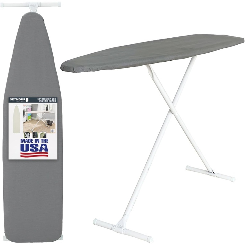Ironing Board Full Size; Made in USA by Seymour Home Products (Solid Grey) Bundle Includes Cover + Pad | Iron Board w/Steel T-Legs Adjustable Tabletop up to 35 High; Perforated Top for Steam Flow | Bigbigmart.com