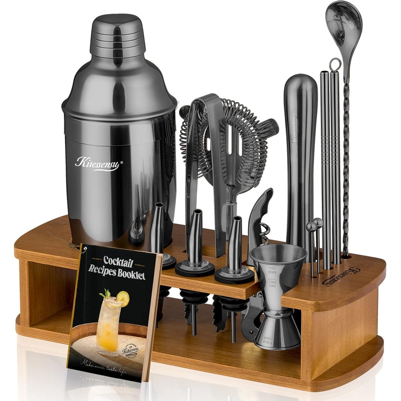 KITESSENSU Cocktail Shaker Set Bartender Kit with Stand | Bar Set Drink Mixer Set with All Essential Bar Accessory Tools: Martini Shaker, Jigger, Strainer, Mixer Spoon, Muddler, Liquor Pourers | Black | Bigbigmart.com