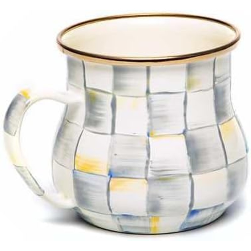MACKENZIE-CHILDS Enamel Mug, Cute Enamelware Coffee Mug or Tea Mug, 16 Ounces, Unique Drinkware, Sterling Check | Bigbigmart.com