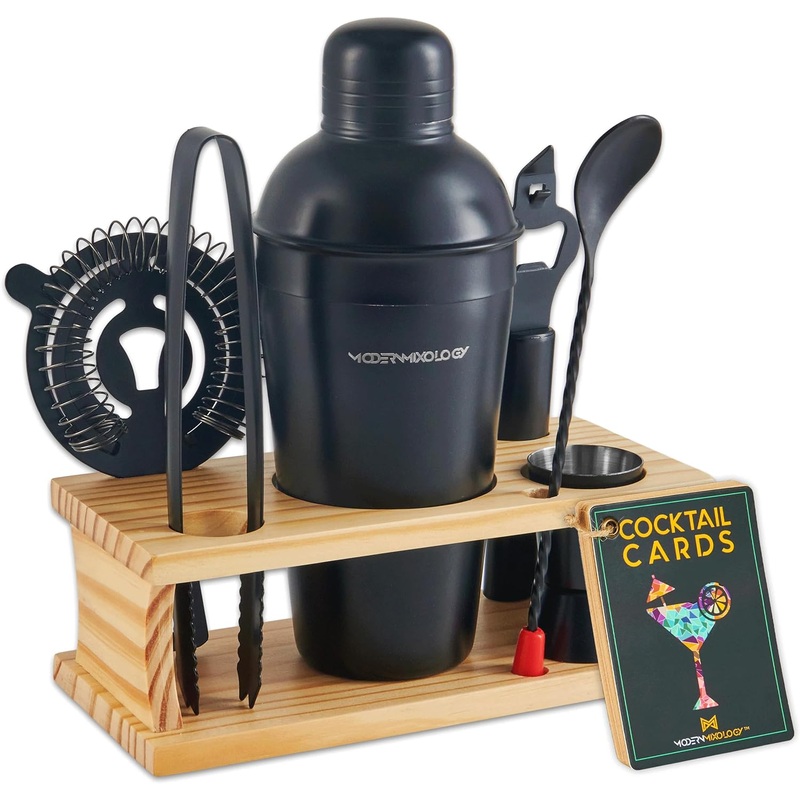 Mixology Bartender Kit – 8-Piece Black Matte Cocktail Shaker Set with Pine Wood Stand, Recipe Cards, and Bar Accessories Ideas | Bigbigmart.com