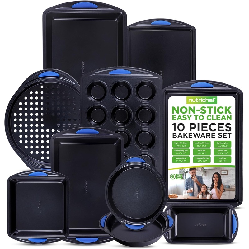 NutriChef 10-Piece Nonstick Bakeware Set – Heavy Duty Carbon Steel Baking Trays w/Silicone Handles – Includes Cookie Sheets, 12-Cup Muffin Pan, Pizza & Loaf Pan, Round & Square Pans – Easy to Clean | Bigbigmart.com