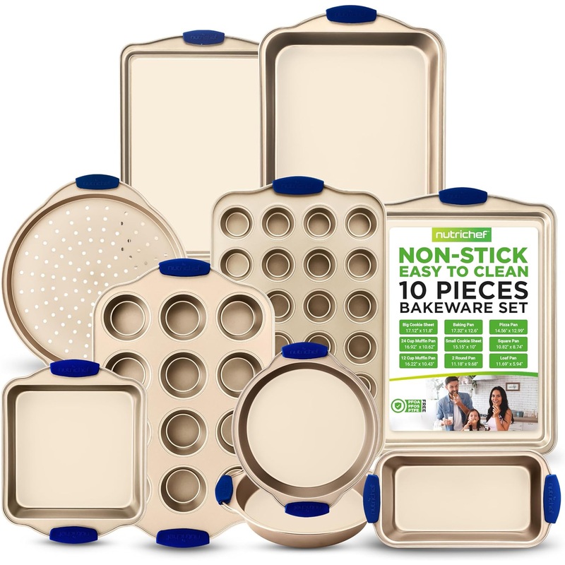 NutriChef 10-Piece Nonstick Bakeware Set – Premium Carbon Steel Baking Trays w/Heatsafe Silicone Handles, Includes Pizza Crisper, Loaf Pan, 12 & 24 Cup Muffin Pans, Round/Square Pans, Cookie Sheets | Bigbigmart.com