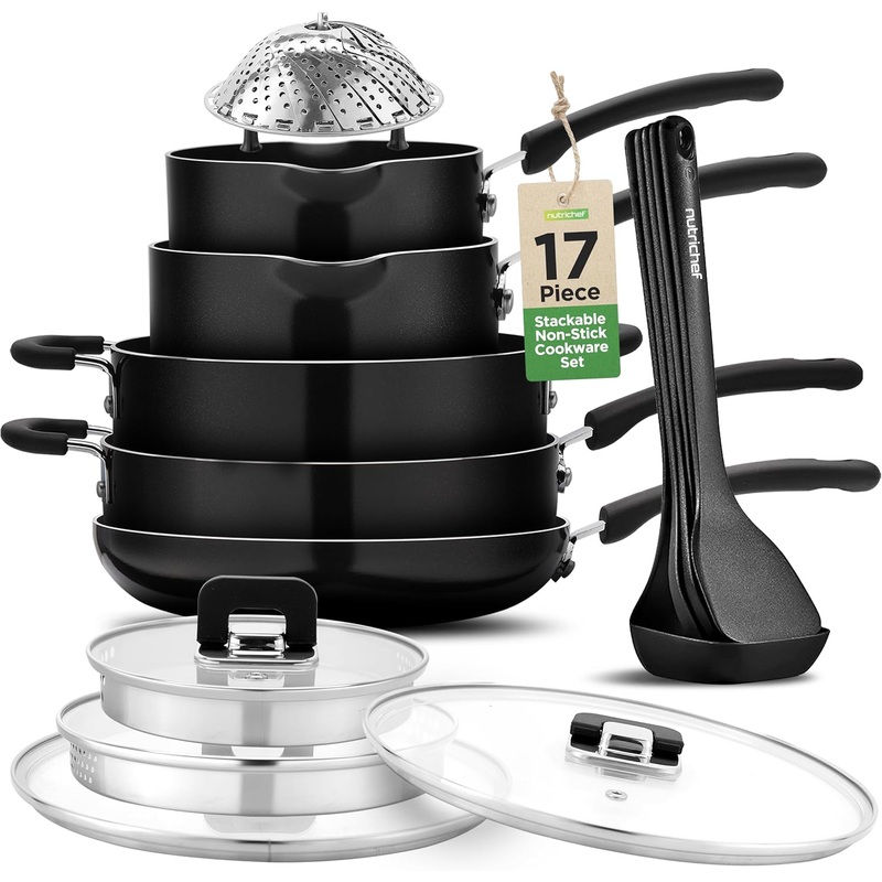 NutriChef 17pcs Stackable Pots and Pan, Stainless Steel Set Nonstick, Induction Cookware with Foldable Knob, Space Saving, Nylon Tools, Black, One Size | Bigbigmart.com