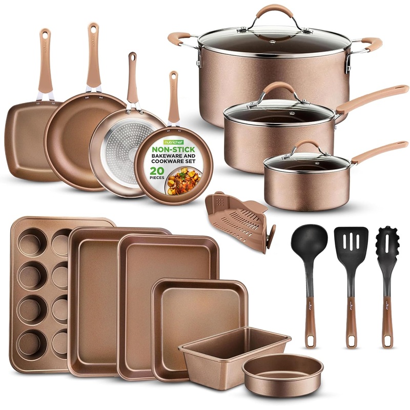 NutriChef 20-Piece Nonstick Kitchen Cookware Set – PFOA/PFOS-Free Heat Resistant Lacquer Kitchen Ware Pots Baking Pan Set w/ Saucepan, Frying Pans, Cooking Pots, Oven Pot, Lids, Utensil – NCCW20S | Bigbigmart.com
