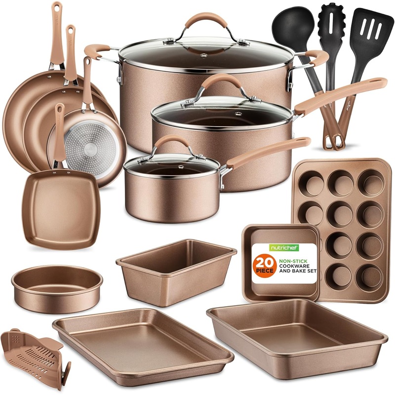 Nutrichef 20 Piece Professional Home Kitchen Cookware and Bakeware, Pots and Pans Set Non Stick Kitchenware, Cool-Touch Handles, Non Toxic, Safe for Gas, Electric, Induction Cooktops, Easy Clean | Bigbigmart.com