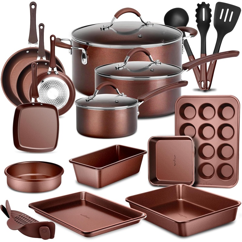 NutriChef 20 Piece Professional Home Kitchen Cookware and Bakeware, Pots and Pans Set Non Stick Kitchenware, Cool-Touch Handles, Safe for Gas, Electric, Induction Cooktops, Easy Clean, Brown | Bigbigmart.com