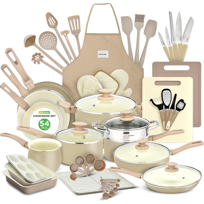 Nutrichef 54-Piece Marble Non-Stick Cookware and Bakeware Set, Professional Home Kitchen Collection with Multi-Sized Pots, Pans, and Heat-Resistant Tools | Bigbigmart.com