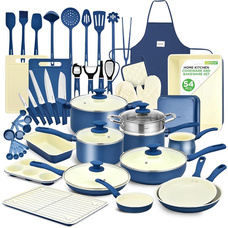 Nutrichef 54 Piece Professional Grade Complete Home Kitchen Cookware Set, Ceramic Non-Stick Bakeware, Pot and Pans Kit, Cool-Touch Handles, Safe for Gas, Electric, Induction Cooktops, Easy Clean | Bigbigmart.com