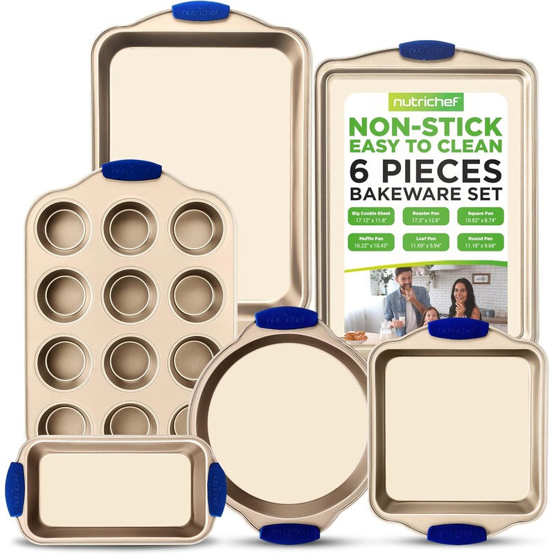 NutriChef 6-Piece Nonstick Bakeware Set – Premium Carbon Steel Baking Trays w/Heat-Safe Silicone Handles – Includes Loaf Pan, Muffin/Cupcake Pan, Round & Square Roaster Pans, Cookie Sheet – NCSBSG36 | Bigbigmart.com