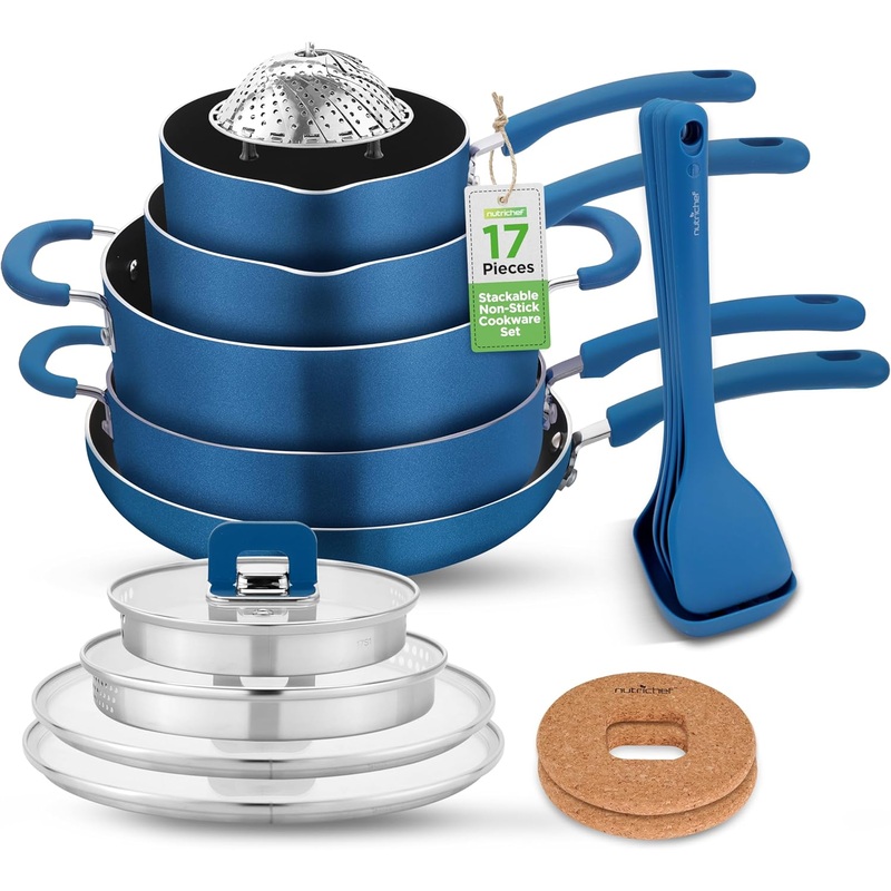 NutriChef Kitchenware Cookware, Non-Stick Pans, and Pots with foldable Knob, Space Saving, Stackable, Nylon -Tools, Induction Base, Brown (17-Piece Set), One Size | Bigbigmart.com