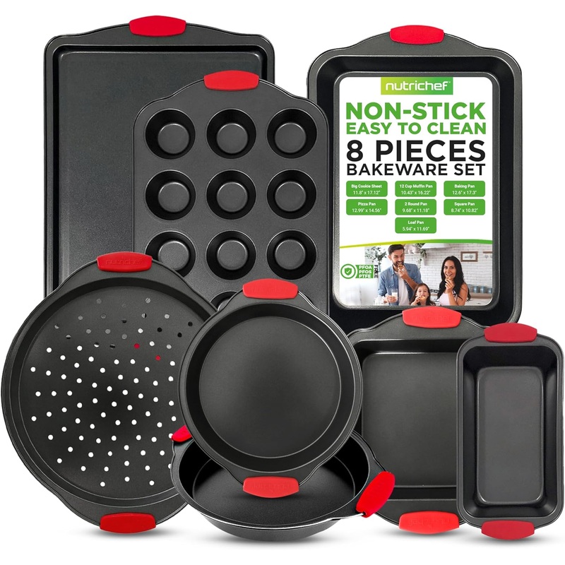 NutriChef Non-Stick Kitchen Oven Baking Pans-Deluxe & Stylish Nonstick Gray Coating Inside Outside, Commercial Grade Restaurant Quality Metal Bakeware with Red Silicone Handles NCSBS8S, 8 Piece Set | Bigbigmart.com