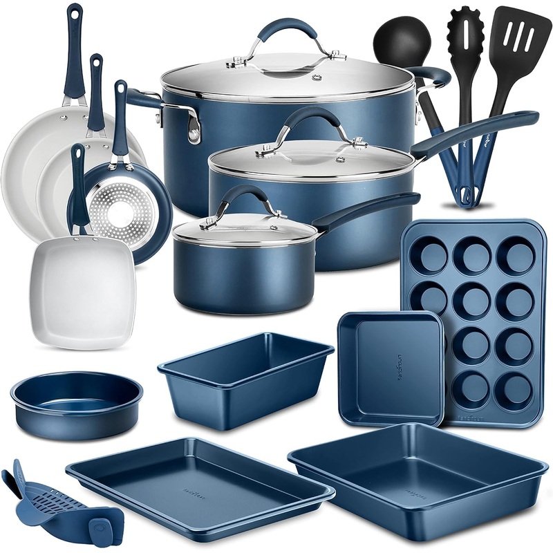 NutriChef Professional 20 Pc Kitchen Set in Navy Blue – Durable Non-Stick Pots and Pans with Bakeware Set, Compatible with Any Cooktop, Easy Clean, Cool-Touch Handles | Bigbigmart.com