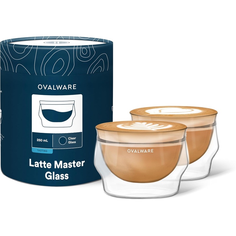 ovalware 8.5oz Double Wall Latte Cups, Latte Set of 2 – Latte Glasses for Cold & Hot Drink, Palm Sized Latte Glass Cups with Wide Rim for Latte Art – Clear Glass | Bigbigmart.com