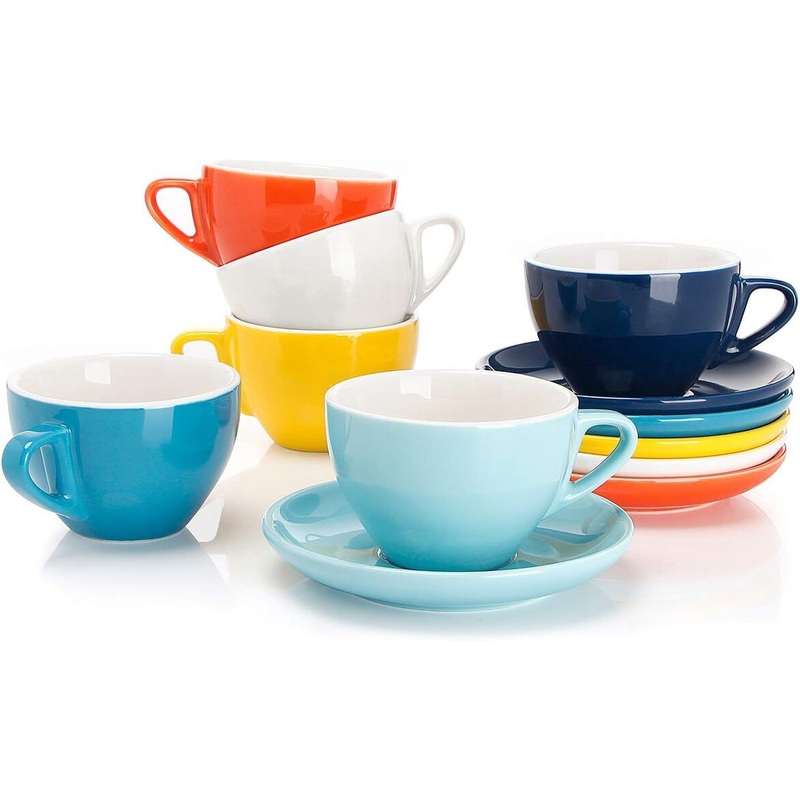 Sweese 6 Ounce Cappuccino Cups with Saucers, Porcelain Double Espresso Cups Set of 6 – Hot Assorted Colors | Bigbigmart.com