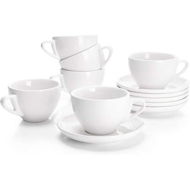 Sweese 6 Ounce Cappuccino Cups with Saucers, Porcelain Double Espresso Cups Set of 6 – White | Bigbigmart.com