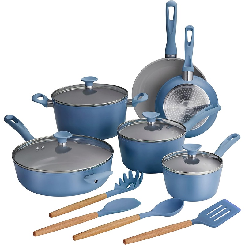 Tramontina 14-Piece Ceramic Cookware Set – Blue – Nonstick, Induction-Ready, Oven Safe, Dishwasher Safe, Includes Fry Pans, Saut Pan, Sauce Pans, Dutch Oven, and Wooden Utensils, 80110/035DS | Bigbigmart.com