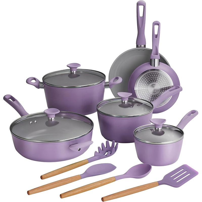 Tramontina 14-Piece Ceramic Cookware Set – Purple – Nonstick, Induction-Ready, Oven Safe, Dishwasher Safe, Includes Fry Pans, Saut Pan, Sauce Pans, Dutch Oven, and Wooden Utensils, 80110/037DS | Bigbigmart.com