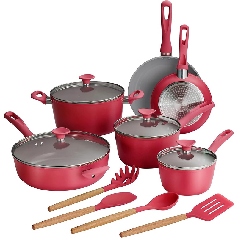 Tramontina 14-Piece Ceramic Cookware Set – Red – Nonstick, Induction-Ready, Oven Safe, Dishwasher Safe, Includes Fry Pans, Saut Pan, Sauce Pans, Dutch Oven, and Wooden Utensils, 80110/034DS | Bigbigmart.com