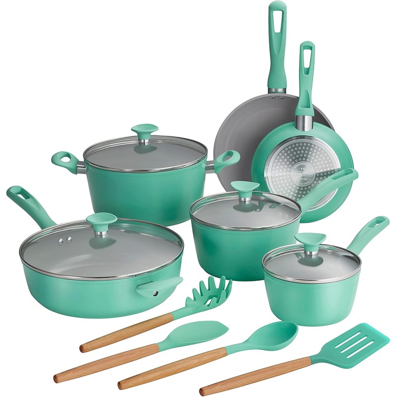Tramontina 14-Piece Ceramic Cookware Set – Teal – Nonstick, Induction-Ready, Oven Safe, Dishwasher Safe, Includes Fry Pans, Saut Pan, Sauce Pans, Dutch Oven, and Wooden Utensils, 80110/036DS | Bigbigmart.com