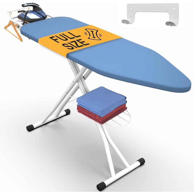 Xabitat Full Size Ironing Board 57 X 15 W/Wall Mount Hanger | Full Metal Construction Iron Board | Built in Iron Caddy | Heat & Scorch Resistant Fabric | Cord Holder | Anti-Skid Feet | Heavy Duty | Bigbigmart.com