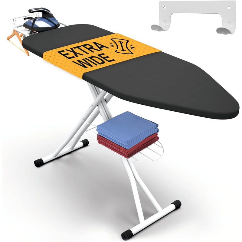 Xabitat Full Size Ironing Board 57 X 18 W/Wall Mount Hanger | Full Metal Construction Iron Board | Built in Iron Caddy | Heat & Scorch Resistant Fabric | Cord Holder | Anti-Skid Feet | Heavy Duty | Bigbigmart.com