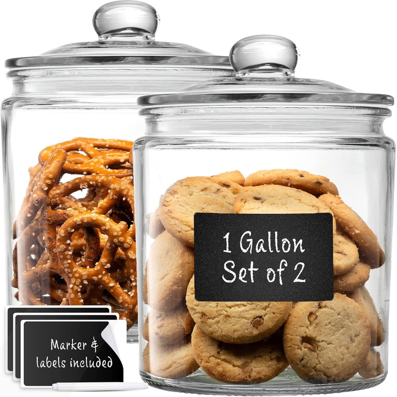 1 Gallon Glass Cookie Jars + Labels & Marker – Set of 2 Canister Sets for Kitchen Counter with Airtight Lids, Sugar Packet Holders Food Storage Containers with Lids Airtight for Pantry, Flour, Sugar, | Bigbigmart.com