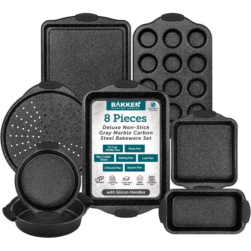 BAKKEN 8-Piece Kitchen Oven Baking Pans Set – Deluxe Nonstick Gray Marble Coating, Professional Grade Carbon Steel Bakeware with Silicone Handles – Oven, Dishwasher, and Freezer Safe | Bigbigmart.com
