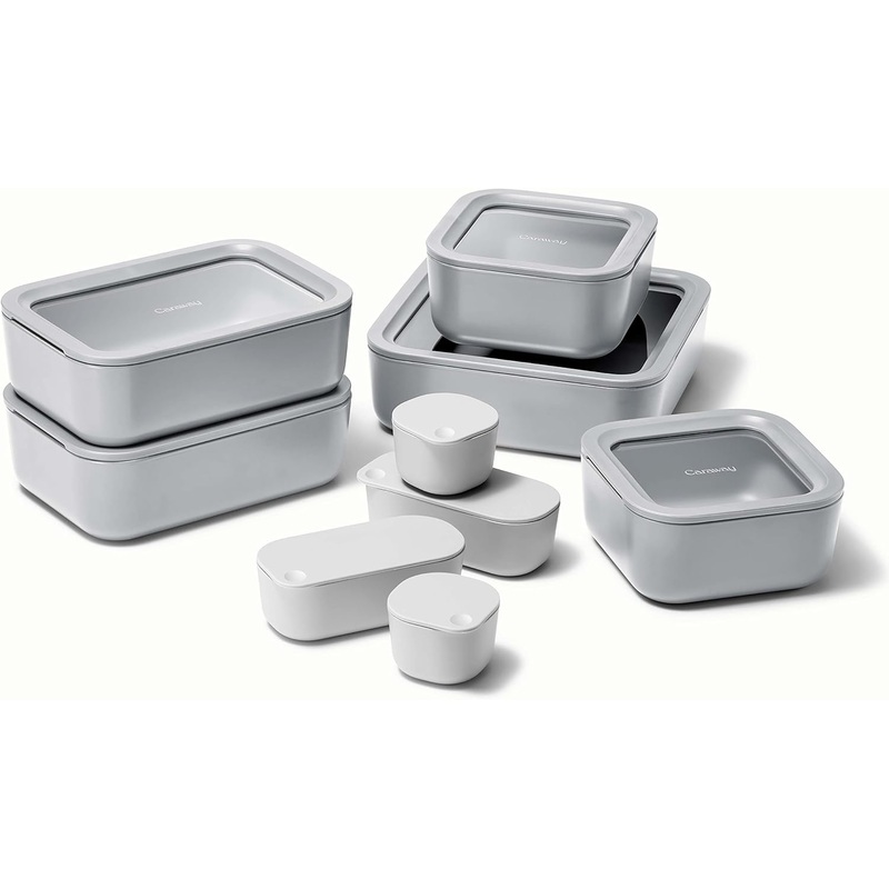 Caraway Glass Food Storage Set, 14 Pieces – Ceramic Coated Food Containers – Easy to Store, Non Toxic Lunch Box Containers with Glass Lids – Includes Storage Organizer & Dot & Dash Inserts – Cream | Bigbigmart.com
