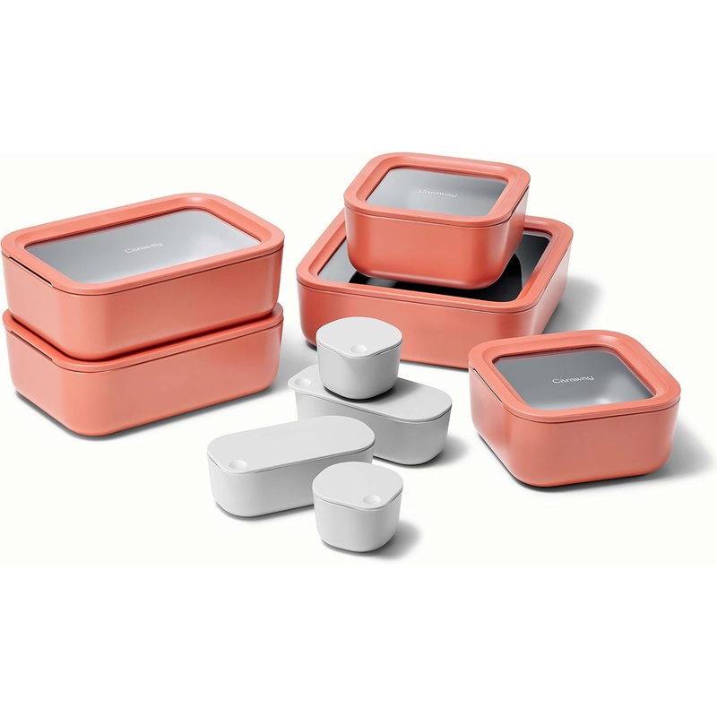 Caraway Glass Food Storage Set, 14 Pieces – Easy to Store, Non Toxic Lunch Box Containers with Glass Lids – Includes Storage Organizer & Dot & Dash Inserts – Perracotta | Bigbigmart.com