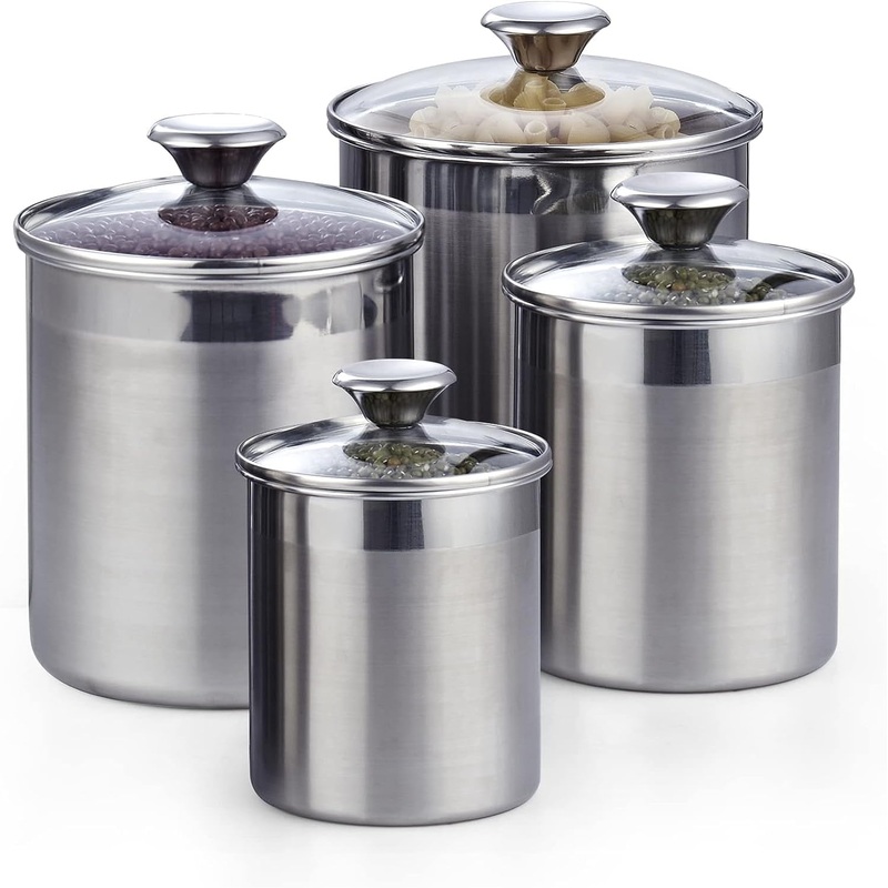 Cooks Standard Stainless Steel Food Jar Storage Canister Set Medium 4-Piece, 0.95qt/1.6qt/2.5qt/3.5qt Airtight Containers with Glass Lid for Tea Coffee Sugar Flour | Bigbigmart.com