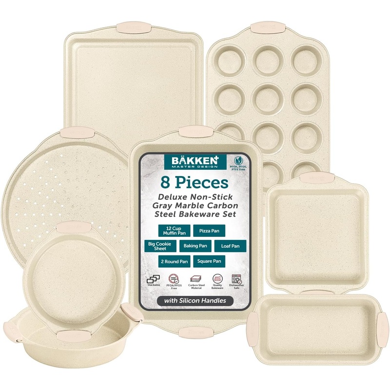 Deluxe 8-Piece Carbon Steel Bakeware Set – Nonstick White Marble Coating, Silicone Handles – Professional Quality Kitchen Oven Baking Pans | Bigbigmart.com