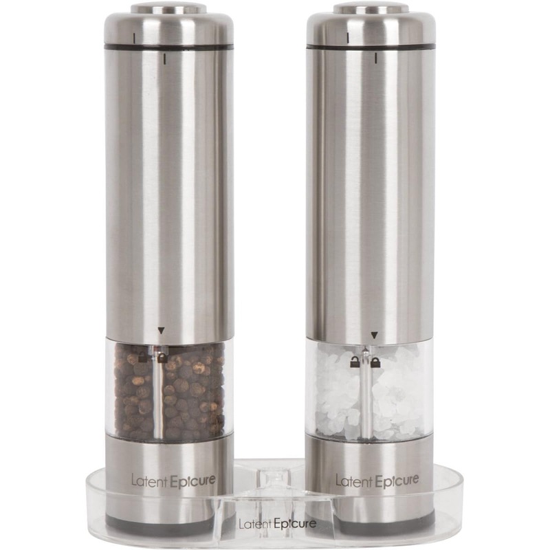 Electric Salt and Pepper Grinder Set (pack of 2) – Stainless Steel Battery Operated Salt & Pepper Mills with Light – Complimentary Mill Rest- One Handed Operation Adjustable Ceramic Grinders | Bigbigmart.com