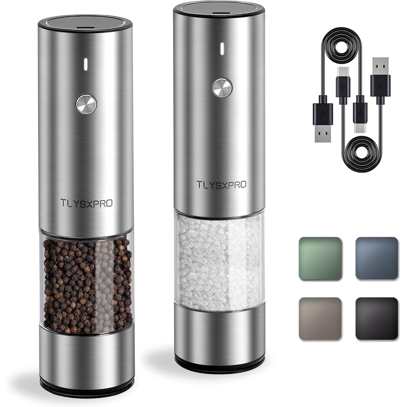 Electric Salt and Pepper Grinder Set, USB Rechargeable, Stainless Steel Automatic Salt and Pepper Mill Grinder with Adjustable Coarseness, Electric Salt Shakers, LED Light, Refillable (2 Packs) | Bigbigmart.com