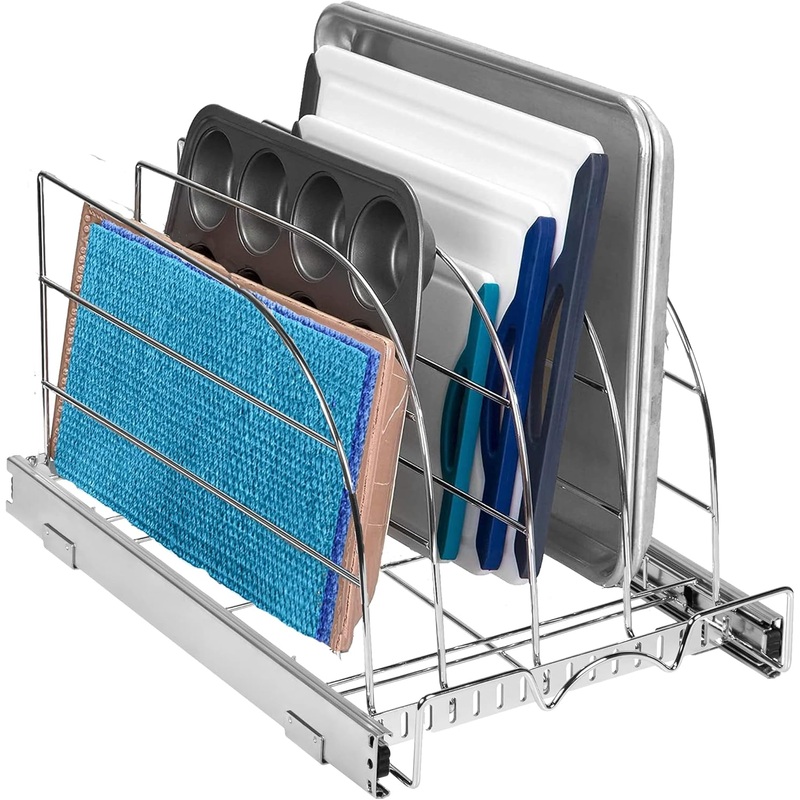 HOLDN STORAGE Pull Out Organizer for Cookie Sheet, Cutting Board, Bakeware, and Tray, Heavy Duty – Lifetime Limited Warranty – for Kitchen Pantry Cabinets, 12.5W x 21D x 11 H, Chrome | Bigbigmart.com