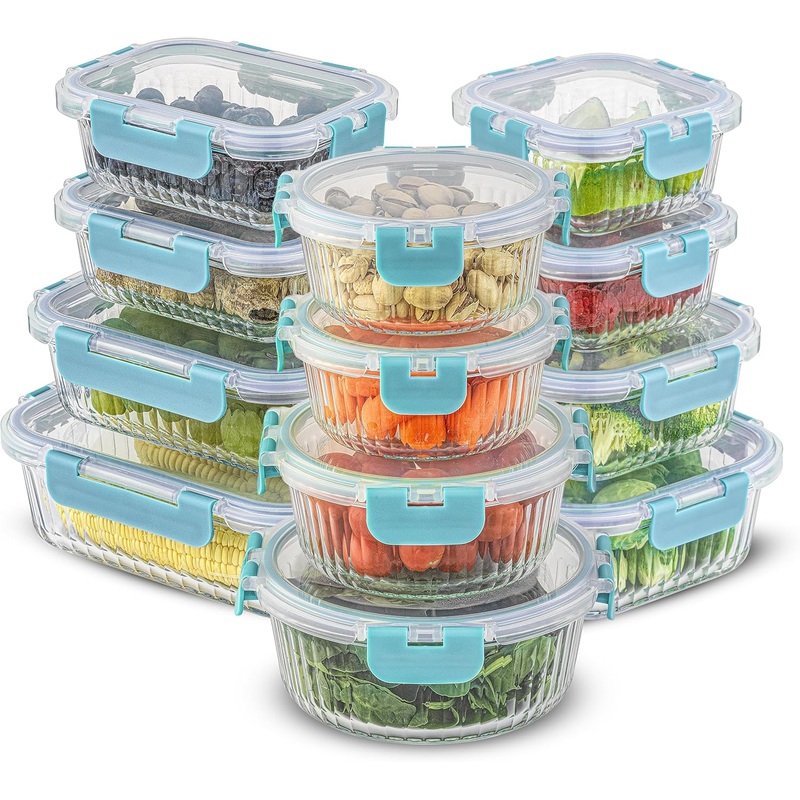 JoyJolt 24pc Fluted Glass Storage Containers with Lids. 12 Airtight, Freezer Safe Food Storage Containers, Pantry Kitchen Storage Containers, Glass Meal Prep Containers for Lunch, Blue | Bigbigmart.com