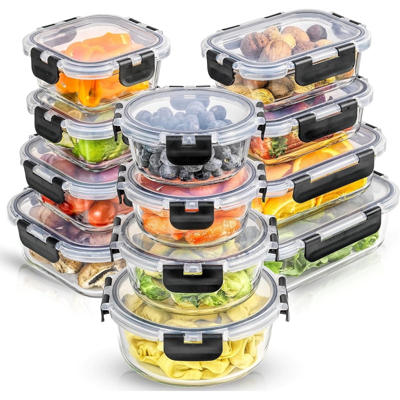 JoyJolt JoyFul 24pc(12 Airtight, Freezer Safe Food Storage Containers and 12 Lids), Pantry Kitchen Storage Containers, Glass Meal Prep Container for Lunch, Glass Storage Containers with Lids | Bigbigmart.com