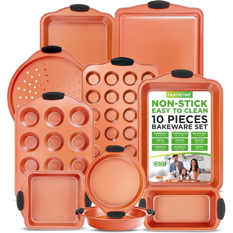 NutriChef 10-Piece Non-Stick Baking Pans Set – Premium Nonstick Carbon Steel Oven Bakeware – Includes Cookie Sheets, Muffin & Cake Pans, Pizza Crisper, Roasting Pans, w/Silicone Handles – Copper | Bigbigmart.com