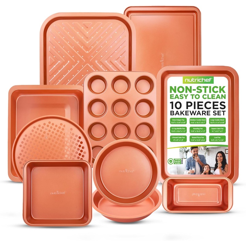 NutriChef 10-Piece Nonstick Oven Baking Pan Set – Premium Carbon Steel Bakeware w/Cookie Sheets, Loaf & Cupcake Pans, Perforated Crisper Pans, Round & Square Roasting Pans, Easy to Clean – Copper | Bigbigmart.com