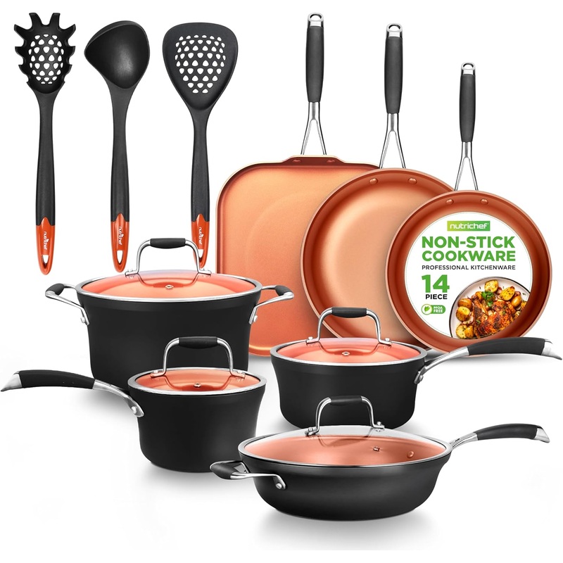NutriChef 14-Piece Copper Non-Stick Cookware Set – Stackable Pots and Pans with Lids, 3-Layer Coating, All Cooktop Compatible, Healthy Food-Grade Copper | Bigbigmart.com