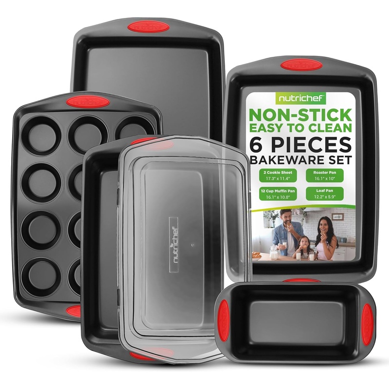 NutriChef 5-Piece Nonstick Baking Pan Set – Premium Steel Bakeware w/Silicone Handles – Includes 2 Baking Sheets, 12-Cup Muffin Pan, Loaf Pan, & Roaster Pan w/BPA-Free Lid – Easy to Clean, Black | Bigbigmart.com