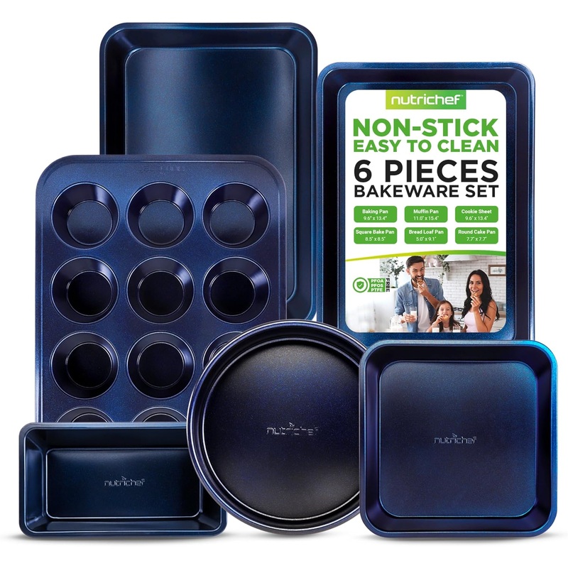 NutriChef 6-Piece Non-Stick Baking Pans – Carbon Steel Baking Trays with Nonstick Coating – Includes Muffin Pan, Loaf Pan, Cookie Sheets, & Round Pan – Restaurant Quality Baking Set, Dishwasher Safe | Bigbigmart.com