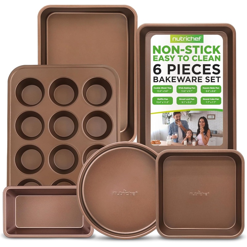 NutriChef 6-Piece Nonstick Bakeware Set, Carbon Steel Baking Pans, Includes Cookie Trays, Wide & Square Bake Pan, Bread Loaf & Round Cake Pan, Muffin Pan – Gold | Bigbigmart.com