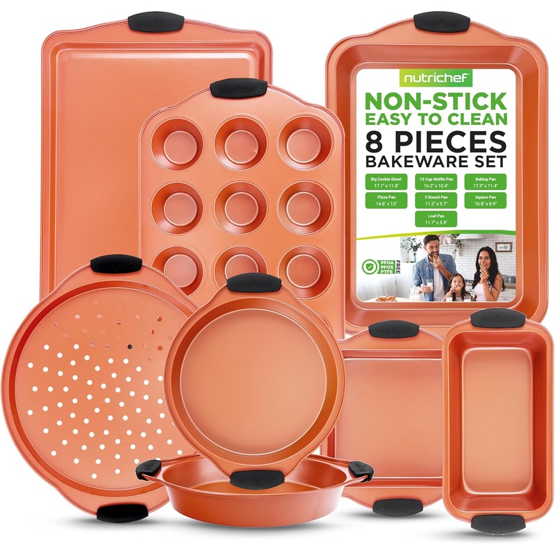 NutriChef 8 Piece Baking Pans Set – Nonstick Carbon Steel Bakeware Set w/ Silicone Heat-Safe Handles – Includes Loaf Pan, Muffin Pan, Cookie Sheets, Pizza Crisper, Roasting Pans – Copper | Bigbigmart.com