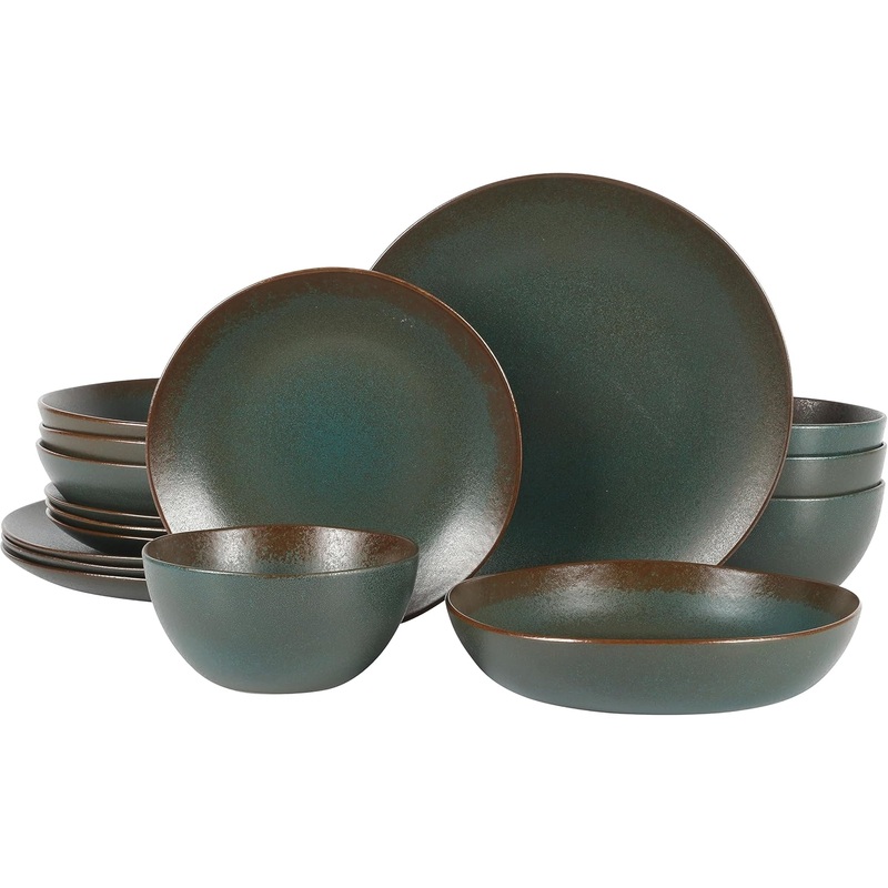 Oprah’s Favorite Things – Palermo Sun Double Bowl Stoneware Reactive Glaze Plates and Bowls Dinnerware Set – Agave Blue, Service for Four (16pcs) | Bigbigmart.com