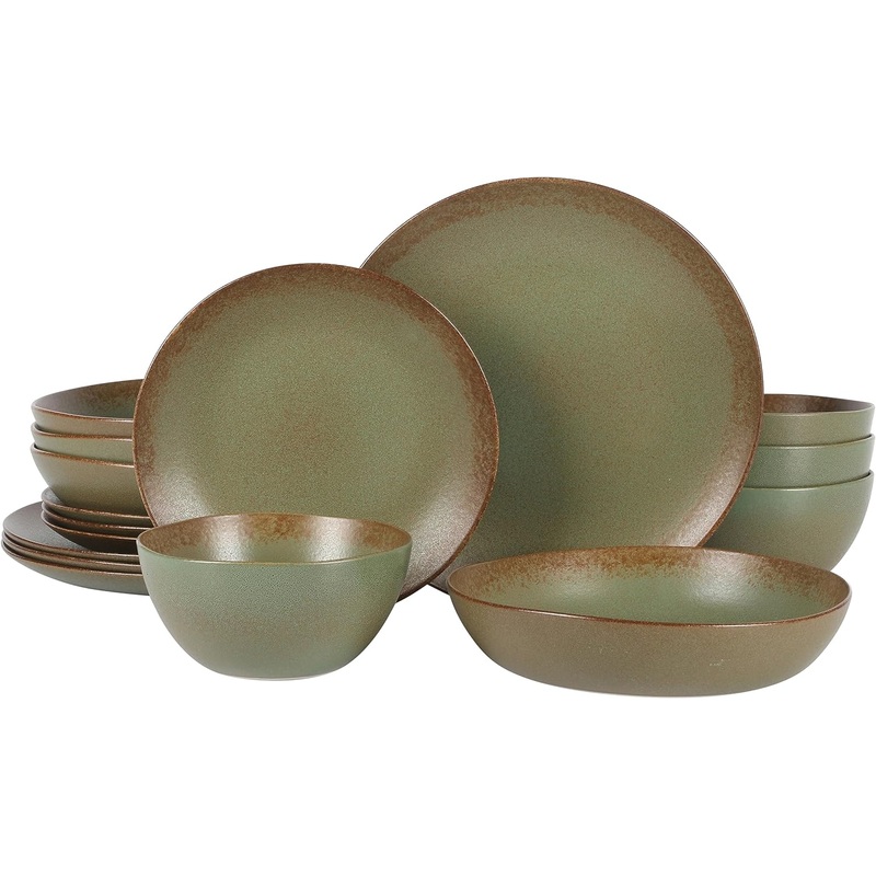 Oprah’s Favorite Things – Palermo Sun Double Bowl Stoneware Reactive Glaze Plates and Bowls Dinnerware Set – Cardamom Green, Service for Four (16pcs) | Bigbigmart.com