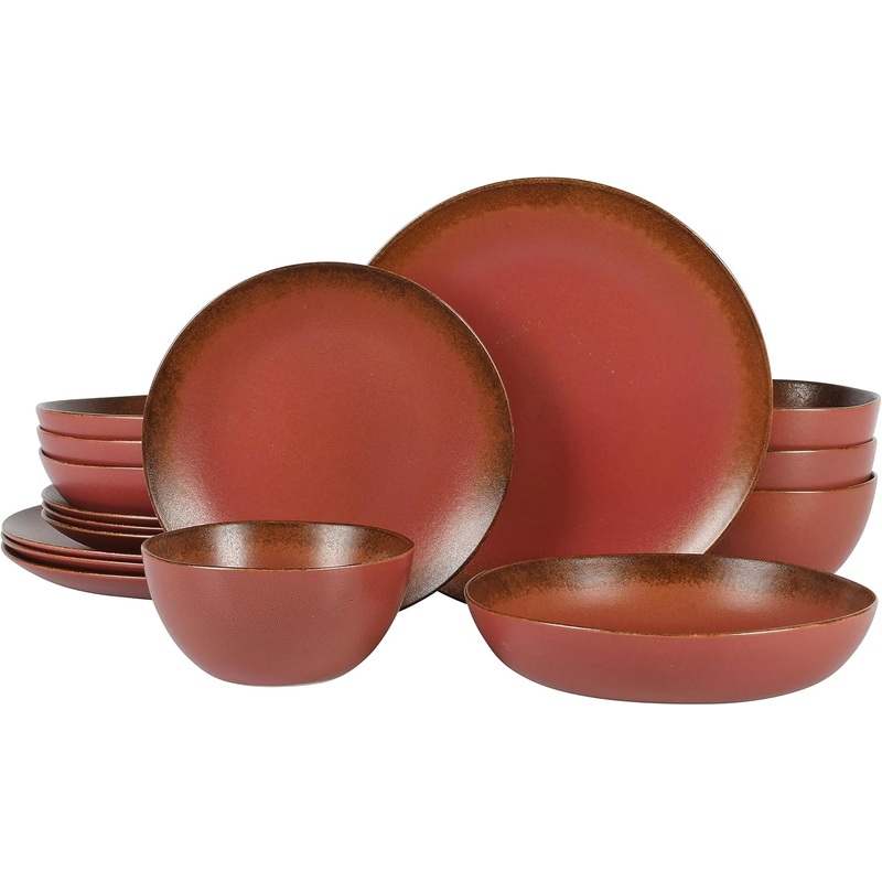 Oprah’s Favorite Things – Palermo Sun Double Bowl Stoneware Reactive Glaze Plates and Bowls Dinnerware Set – Paprika Red, Service for Four (16pcs) | Bigbigmart.com